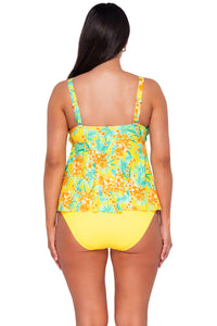 Back pose #1 of Nicki wearing Sunsets Escape Golden Tropics Sandbar Rib Marin Tankini Top with matching Hannah High Waist bikini bottom