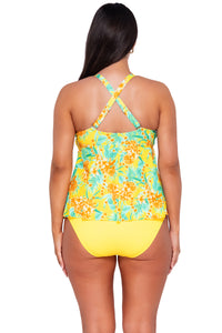 Back pose #1 of Nicki wearing Sunsets Escape Golden Tropics Sandbar Rib Marin Tankini Top showing crossback straps with matching Hannah High Waist bikini bottom