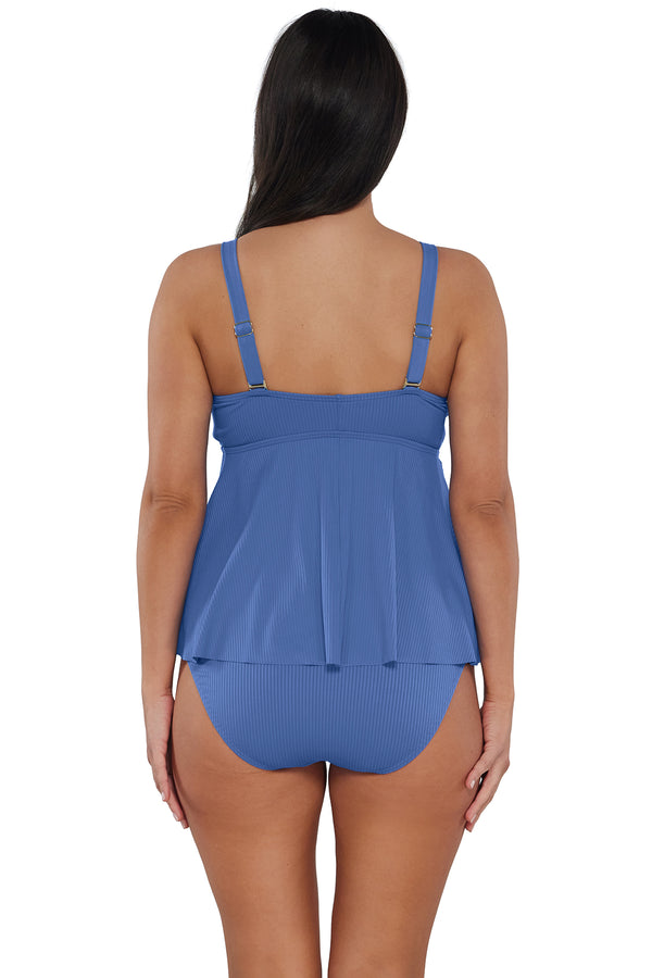 Back pose #1 of Nicki wearing Sunsets Escape Harbor Blue Sandbar Rib Marin Tankini Top