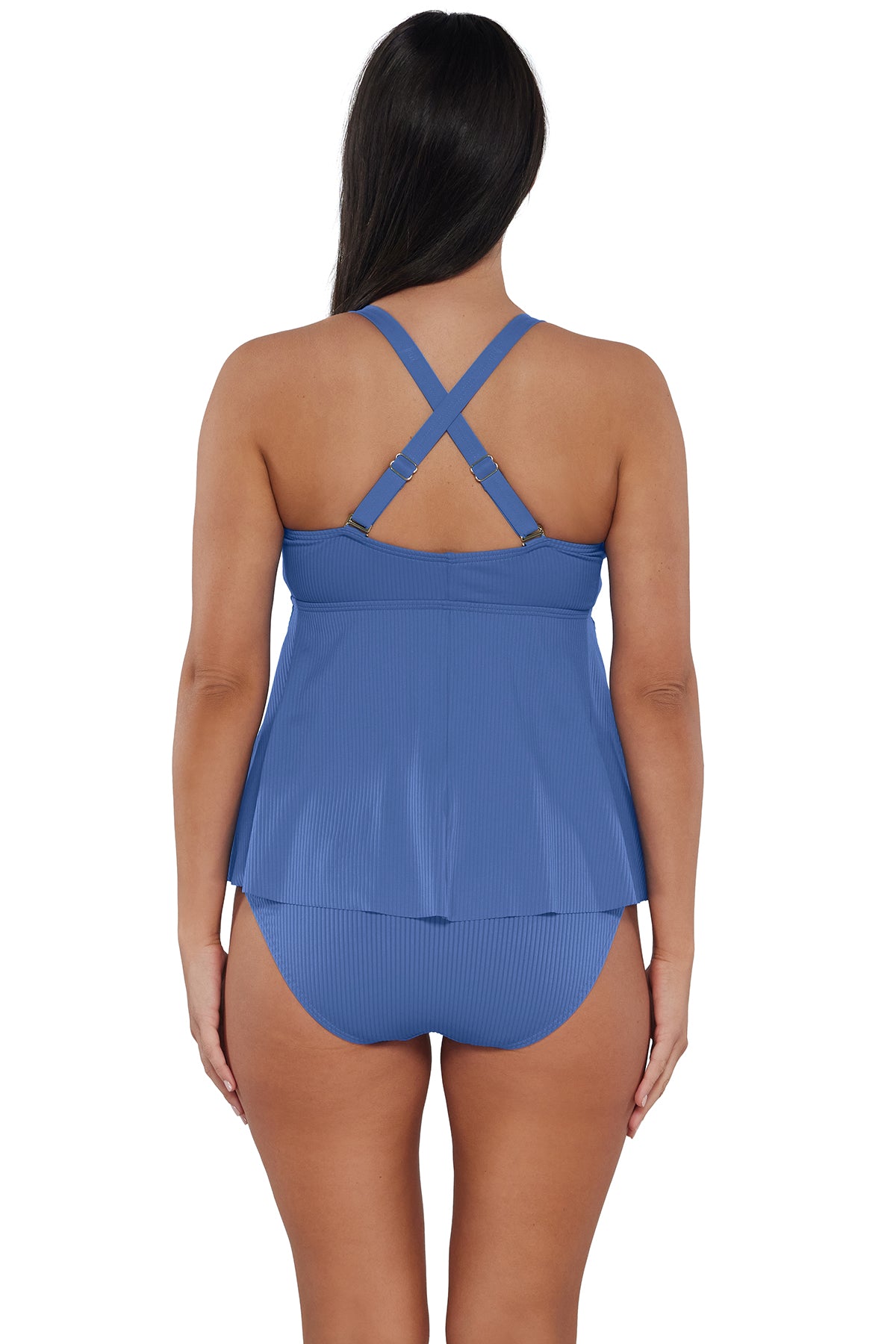 Back pose #1 of Nicki wearing Sunsets Escape Harbor Blue Sandbar Rib Marin Tankini Top showing crossback straps