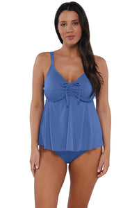 Front pose #1 of Nicki wearing Sunsets Escape Harbor Blue Sandbar Rib Marin Tankini Top