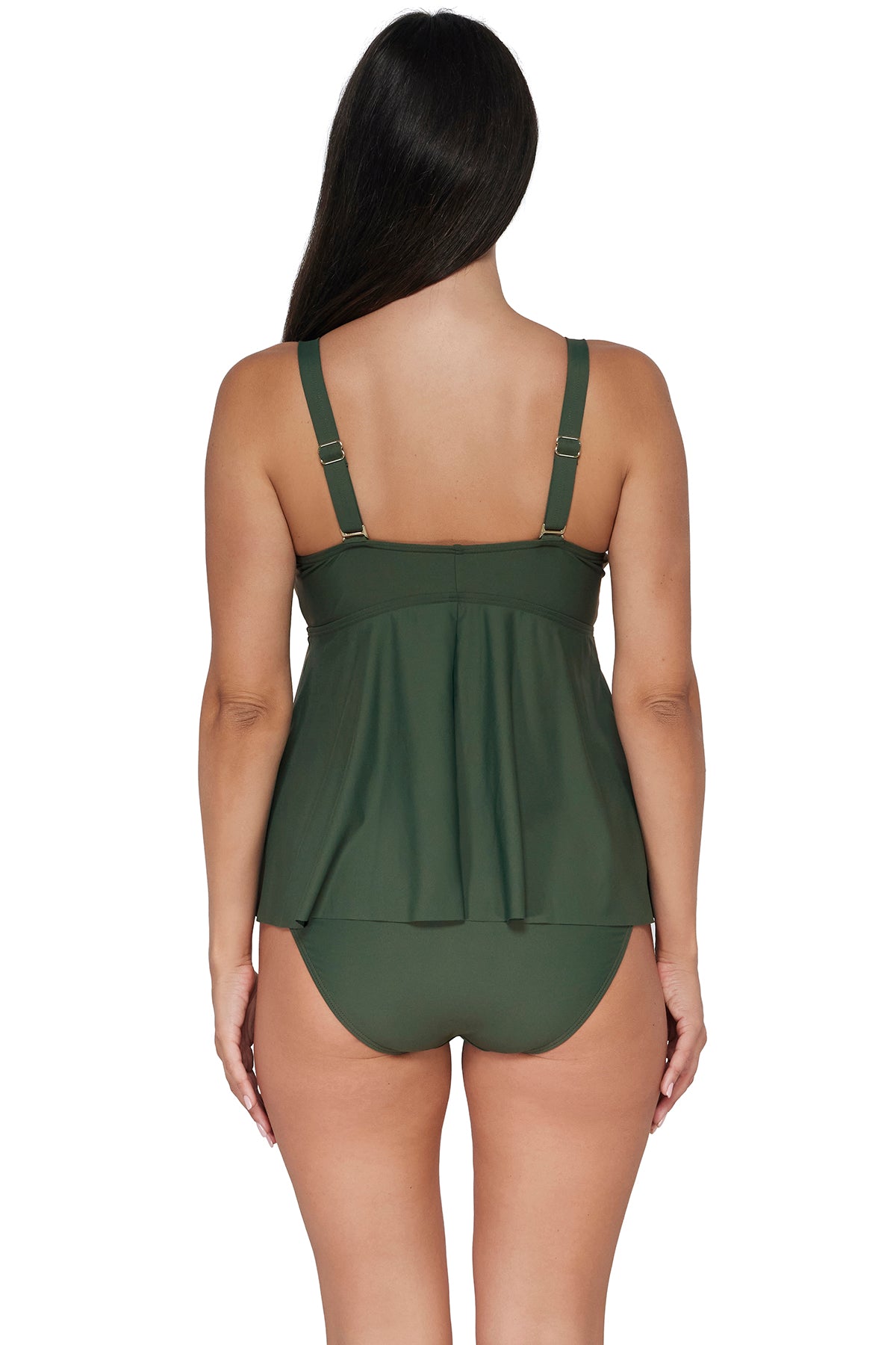 Back pose #1 of Nicki wearing Sunsets Escape Island Green Marin Tankini Top paired with matching Hannah High Waist Bottom