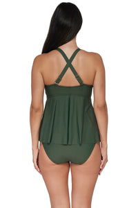 Back pose #1 of Nicki wearing Sunsets Escape Island Green Marin Tankini Top showing crossback straps paired with matching Hannah High Waist Bottom