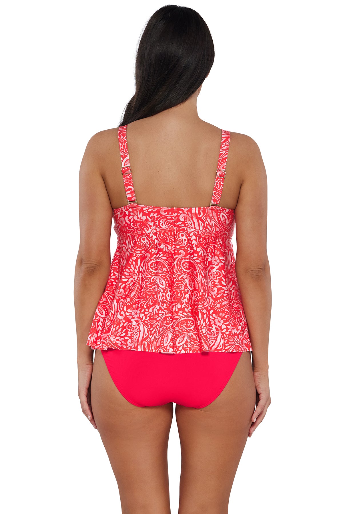 Back pose #1 of Nicki wearing Sunsets Escape Majorca Marin Tankini Top