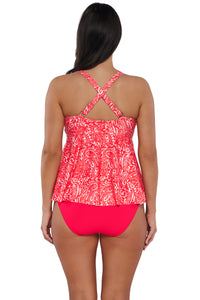 Back pose #1 of Nicki wearing Sunsets Escape Majorca Marin Tankini Top showing crossback straps