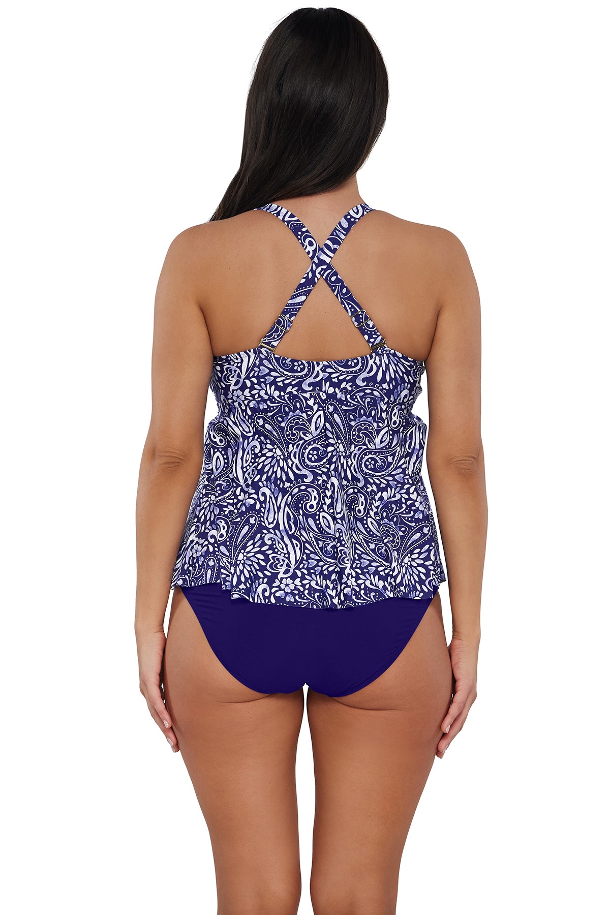 Back pose #1 of Nicki wearing Sunsets Escape Marina Marin Tankini Top showing crossback straps