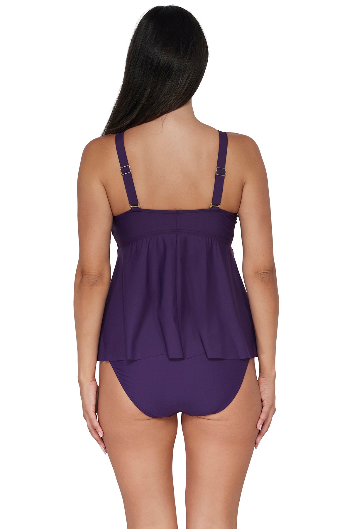 Back pose #1 of Nicki wearing Sunsets Escape Paradise Plum Marin Tankini Top paired with matching Hannah High Waist Bottom