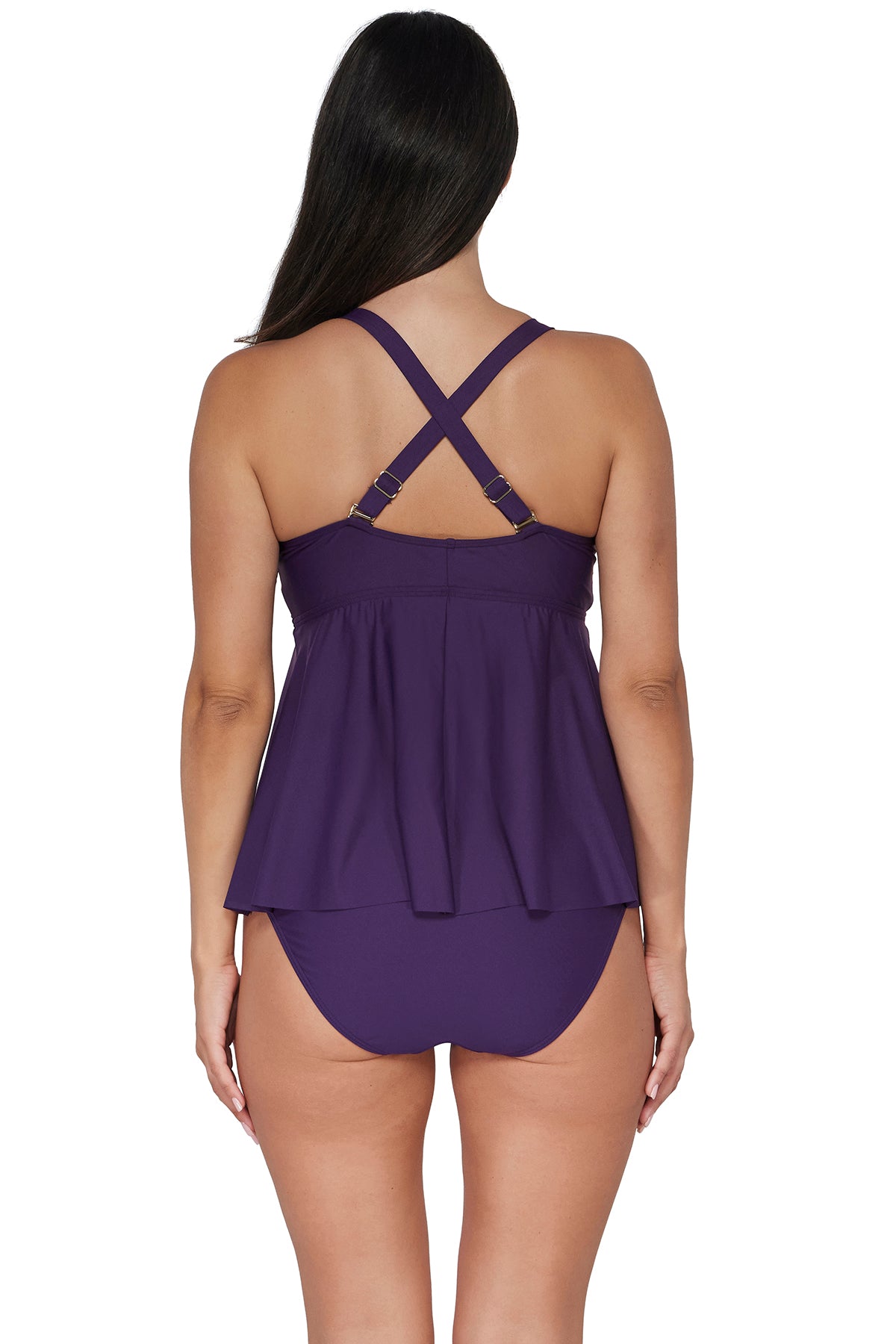 Back pose #1 of Nicki wearing Sunsets Escape Paradise Plum Marin Tankini Top showing crossback straps paired with matching Hannah High Waist Bottom