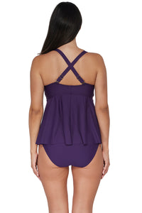 Back pose #1 of Nicki wearing Sunsets Escape Paradise Plum Marin Tankini Top showing crossback straps paired with matching Hannah High Waist Bottom