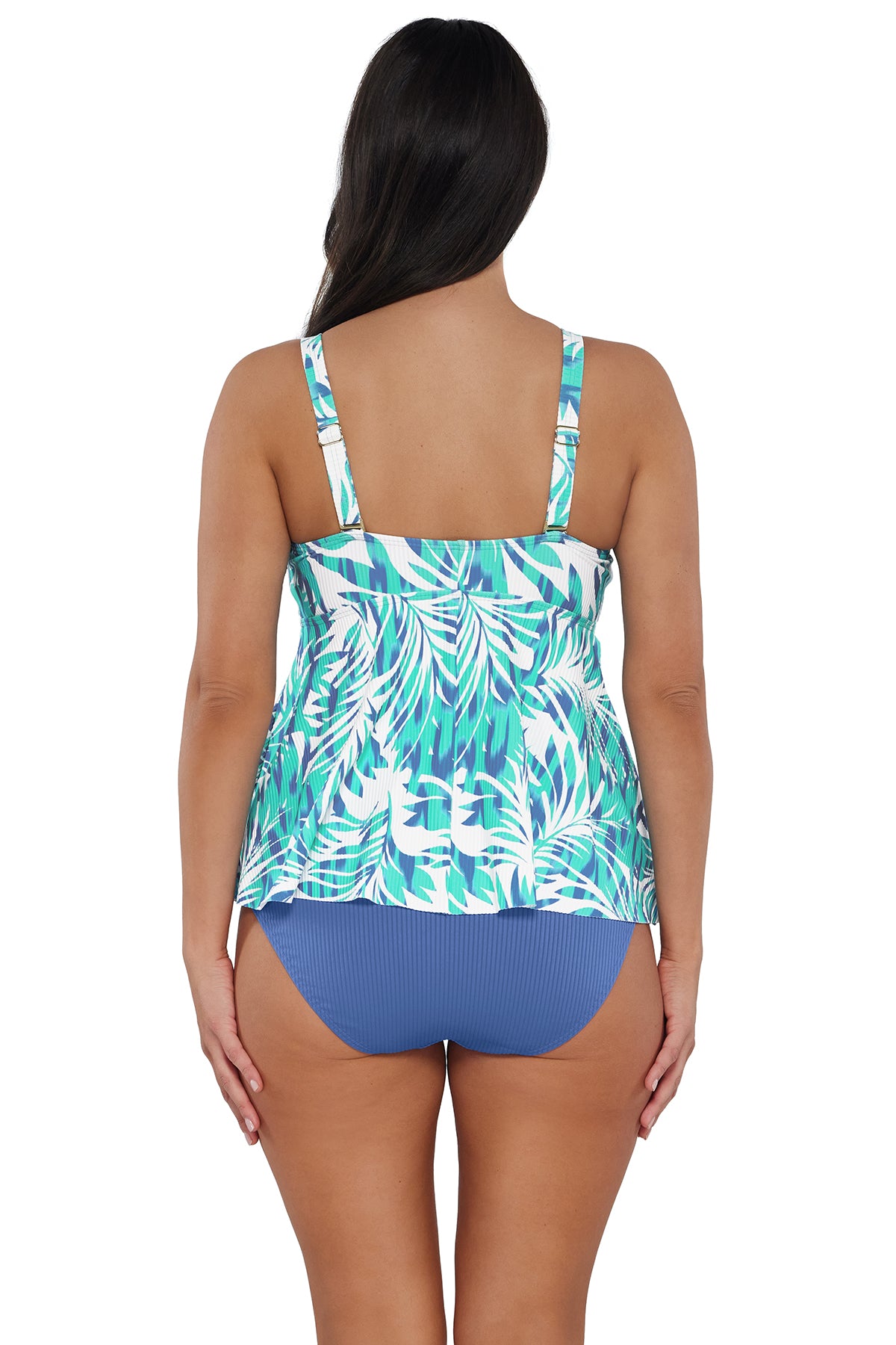 Back pose #1 of Nicki wearing Sunsets Escape Sea Breeze Sandbar Rib Marin Tankini Top