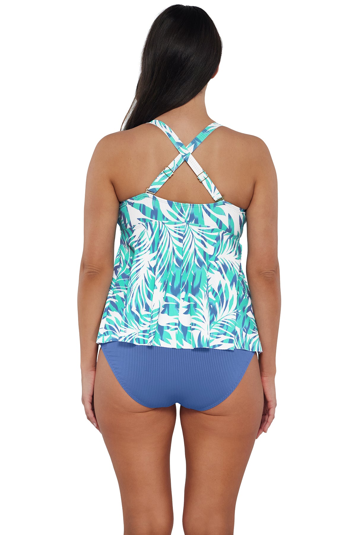 Back pose #1 of Nicki wearing Sunsets Escape Sea Breeze Sandbar Rib Marin Tankini Top showing crossback straps