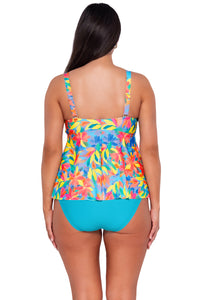 Back pose #1 of Nicki wearing Sunsets Escape Shoreline Petals Marin Tankini Top with matching Hannah High Waist bikini bottom