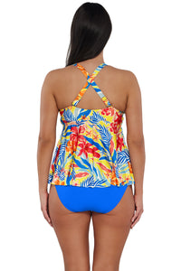 Back pose #1 of Nicki wearing Sunsets Escape Suncatcher Marin Tankini Top showing crossback straps paired with coordinating Electric Blue Hannah High Waist