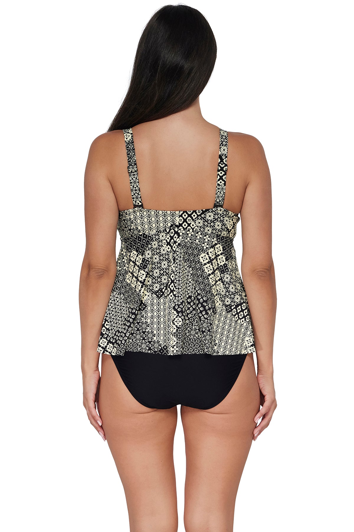 Back pose #1 of Nicki wearing Sunsets Escape Venice Seagrass Texture Marin Tankini Top