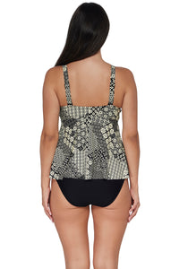 Back pose #1 of Nicki wearing Sunsets Escape Venice Seagrass Texture Marin Tankini Top paired with coordinating Black Hannah High Waist Bottom