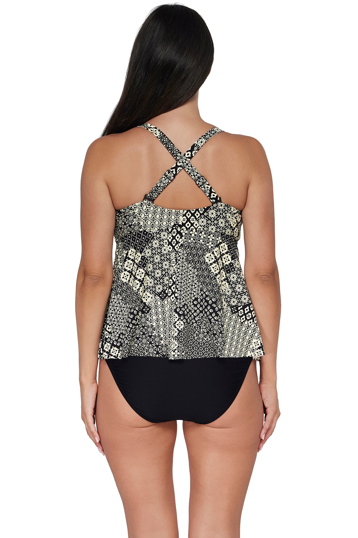 Back pose #1 of Nicki wearing Sunsets Escape Venice Seagrass Texture Marin Tankini Top showing crossback straps