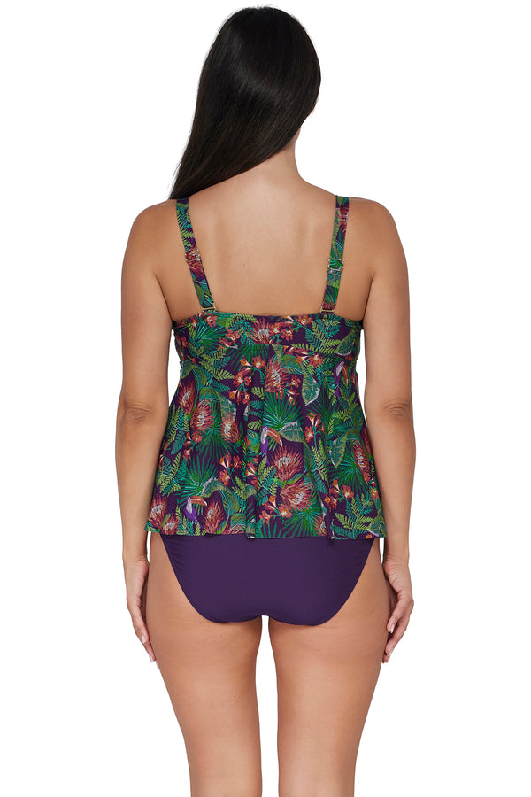 Back pose #1 of Nicki wearing Sunsets Escape Welcome To Rio Marin Tankini Top paired with coordinating Paradise Plum Hannah High Waist Bottom