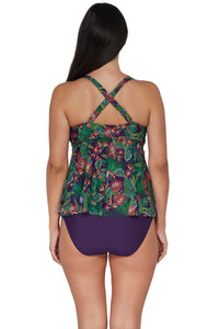 Back pose #1 of Nicki wearing Sunsets Escape Welcome To Rio Marin Tankini Top showing crossback straps paired with coordinating Paradise Plum Hannah High Waist Bottom