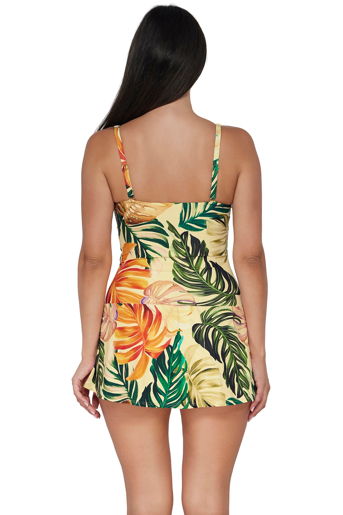 Back pose #1 of Nicki wearing Sunsets Escape Amber Oasis Sienna Swim Dress One Piece