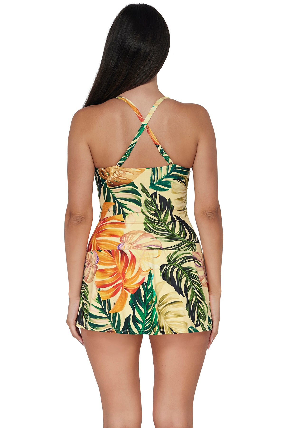 Back pose #1 of Nicki wearing Sunsets Escape Amber Oasis Sienna Swim Dress One Piece showing crossback straps