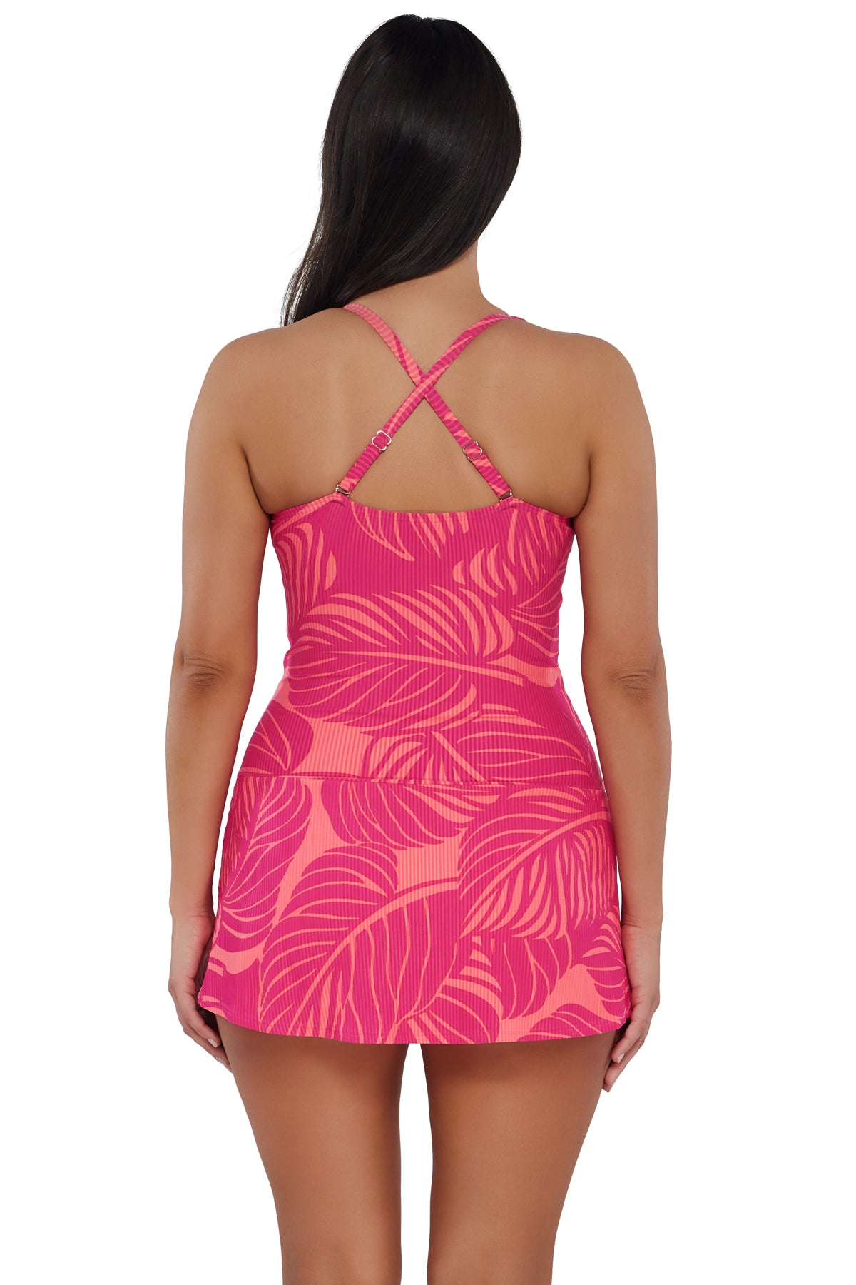 Back pose #1 of Nicki wearing Sunsets Escape Blushing Palms Sandbar Rib Sienna Swim Dress showing crossback straps