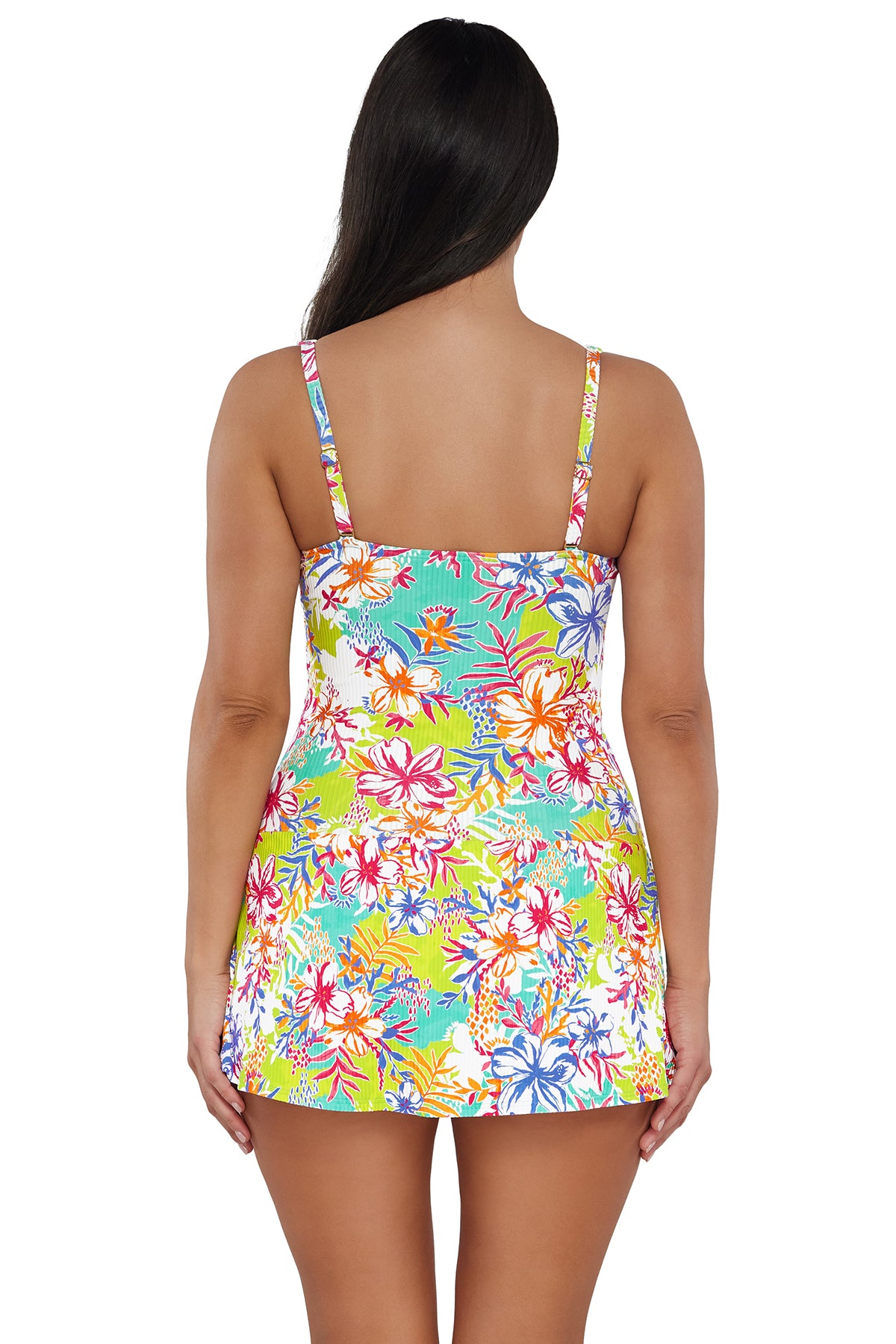 Back pose #1 of Nicki wearing Sunsets Escape Botanical Bliss Sandbar Rib Sienna Swim Dress