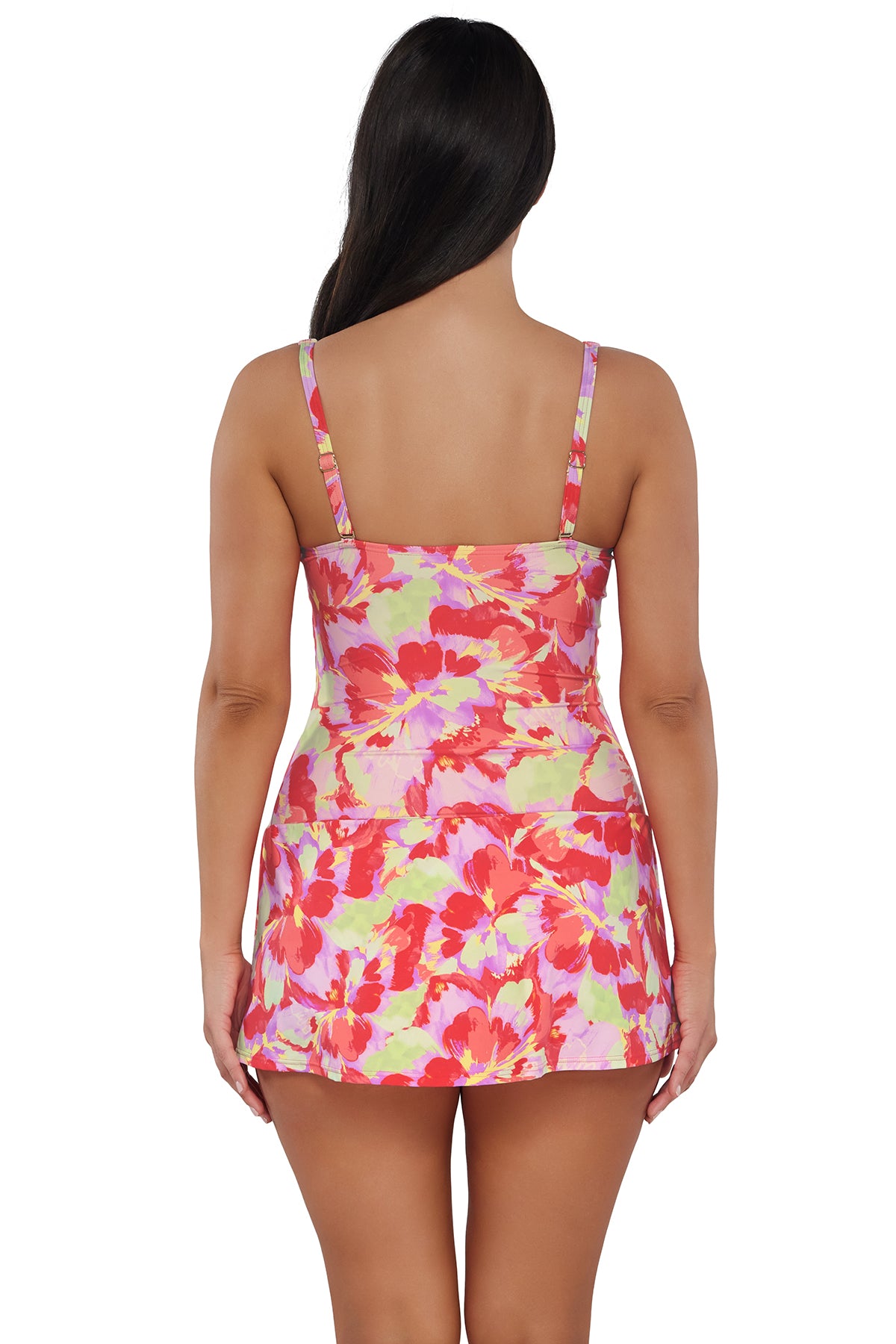 Back pose #1 of Nicki wearing Sunsets Escape Butterfly Beach Sienna Swim Dress