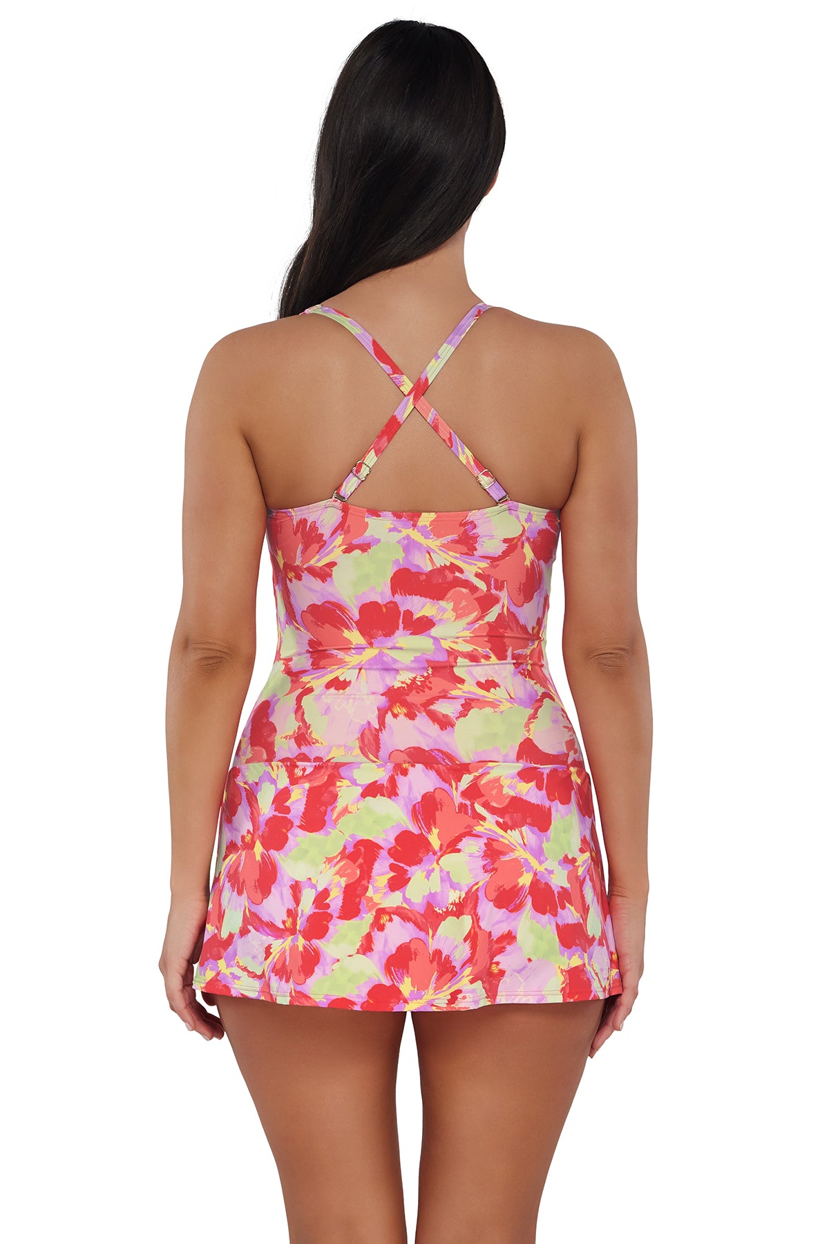 Back pose #1 of Nicki wearing Sunsets Escape Butterfly Beach Sienna Swim Dress showing crossback straps