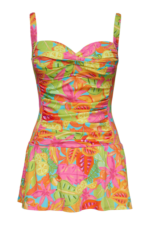 Front pose #1 of a floating garment shot featuring Sunsets Escape Citrus Grove Sandbar Rib Sienna Swim Dress