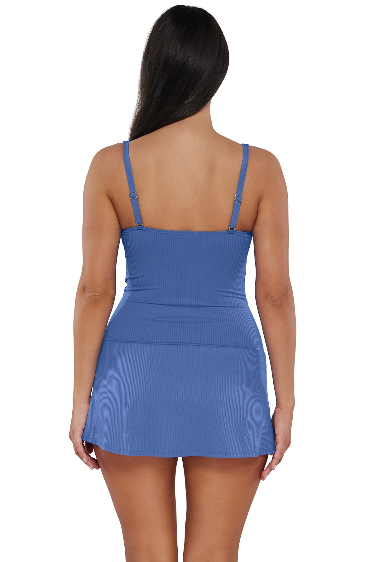 Back pose #1 of Nicki wearing Sunsets Escape Harbor Blue Sandbar Rib Sienna Swim Dress