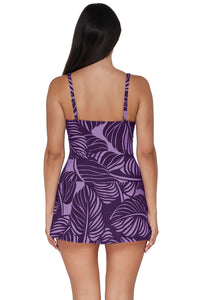 Back pose #1 of Nicki wearing Sunsets Escape Mystic Palms Sienna Swim Dress One Piece