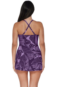 Back pose #1 of Nicki wearing Sunsets Escape Mystic Palms Sienna Swim Dress One Piece showing crossback straps