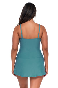 Back pose #1 of Nicky wearing Sunsets Escape Ocean Sienna Swim Dress