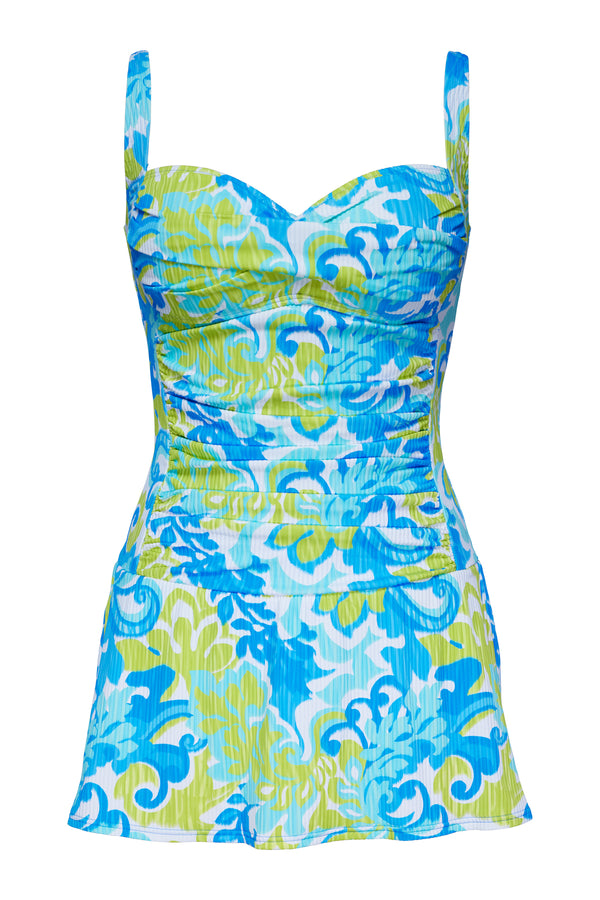 Front pose #1 of a floating garment shot featuring Sunsets Escape Ocean Muse Sandbar Rib Sienna Swim Dress