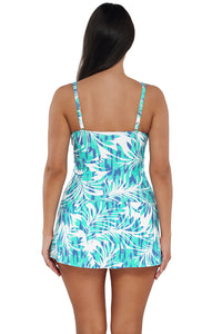 Back pose #1 of Nicki wearing Sunsets Escape Sea Breeze Sandbar Rib Sienna Swim Dress