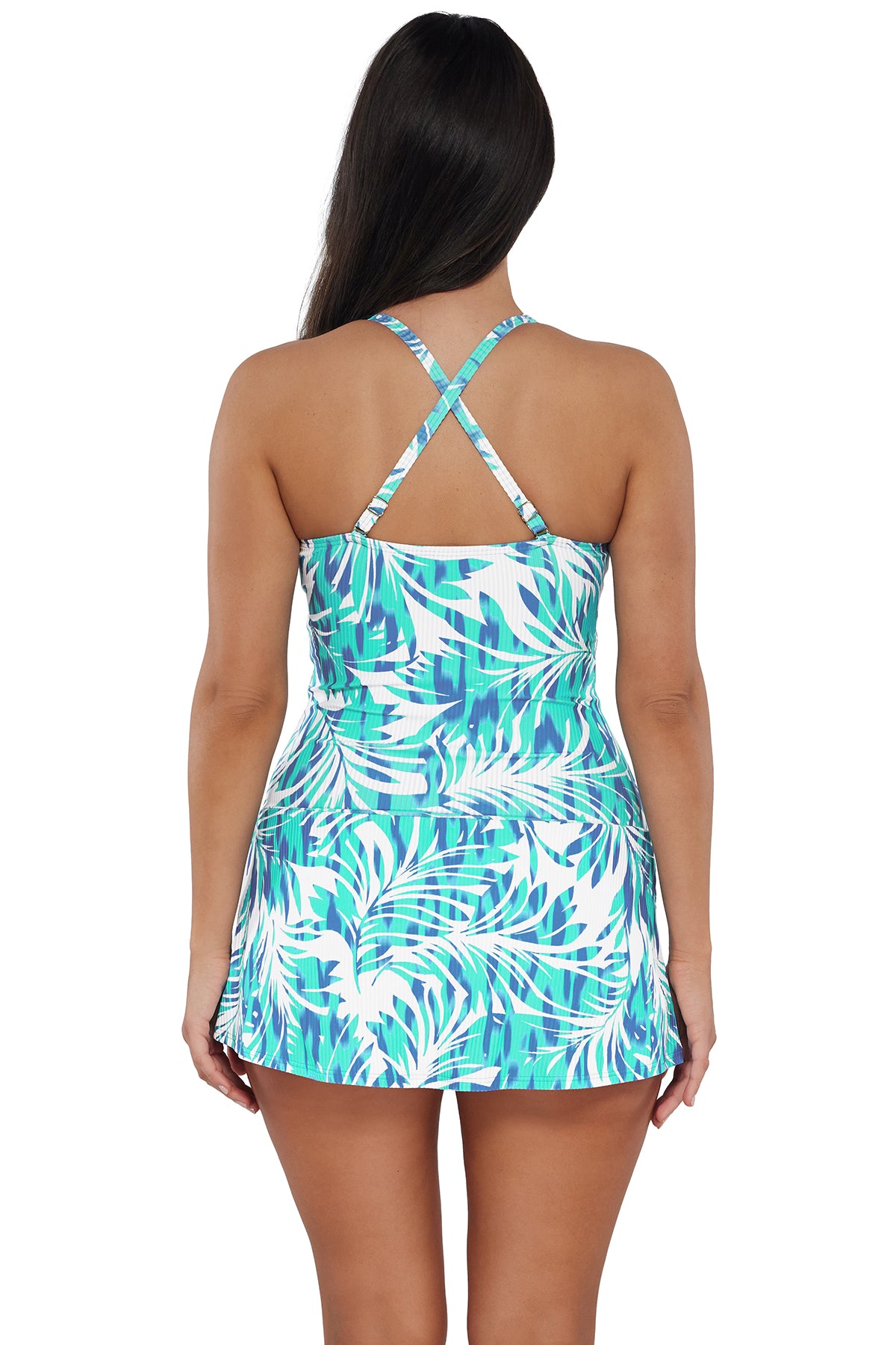 Back pose #1 of Nicki wearing Sunsets Escape Sea Breeze Sandbar Rib Sienna Swim Dress showing crossback straps