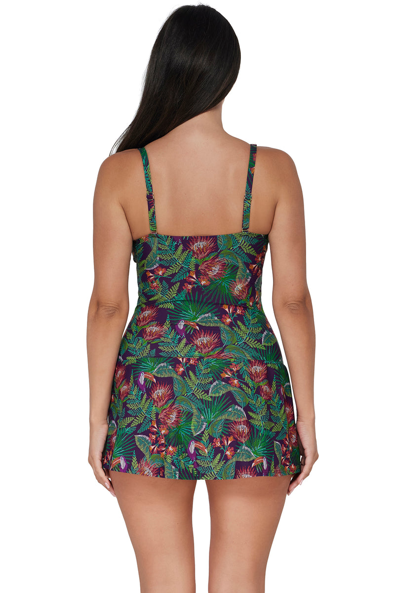 Back pose #1 of Nicki wearing Sunsets Escape Welcome To Rio Sienna Swim Dress One Piece