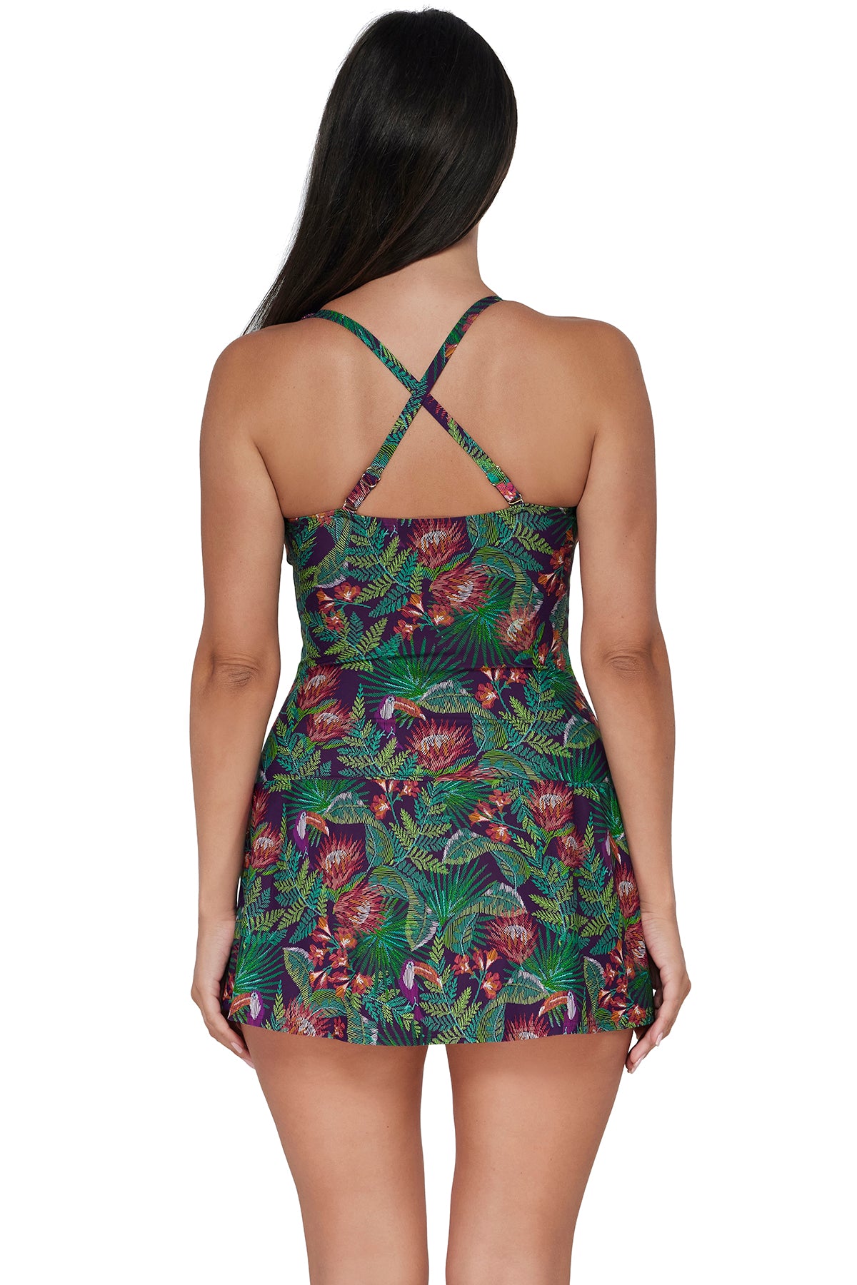 Back pose #1 of Nicki wearing Sunsets Escape Welcome To Rio Sienna Swim Dress One Piece showing crossback straps