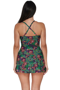 Back pose #1 of Nicki wearing Sunsets Escape Welcome To Rio Sienna Swim Dress One Piece showing crossback straps