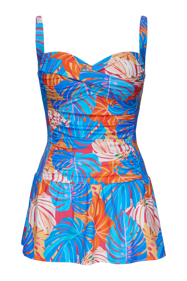 Front pose #1 of a floating garment shot featuring Sunsets Escape Zesty Tropicana Sienna Swim Dress