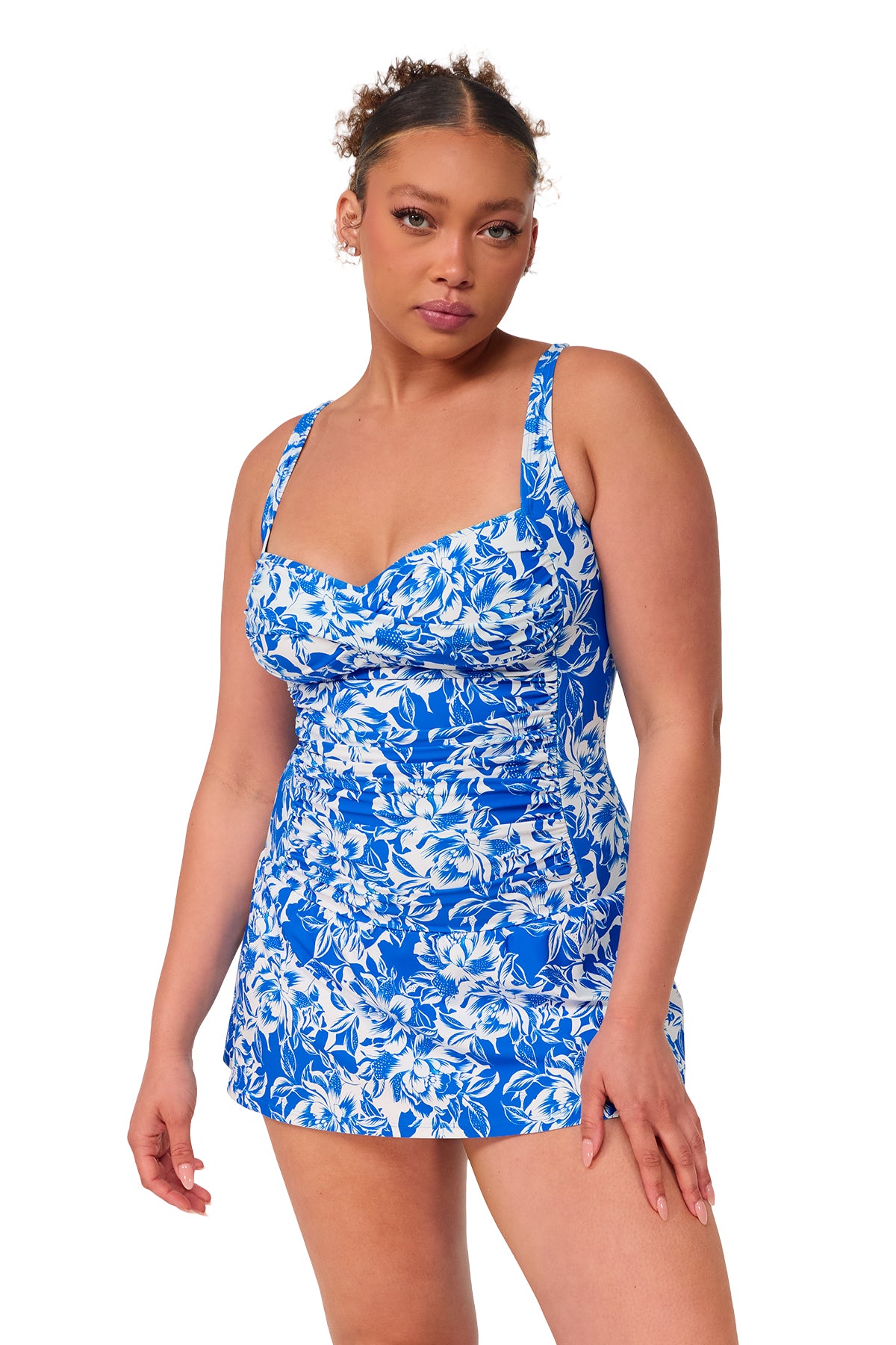 Front pose #1 of Haviland wearing Sunsets Escape Chelsea Petals Sienna Swim Dress
