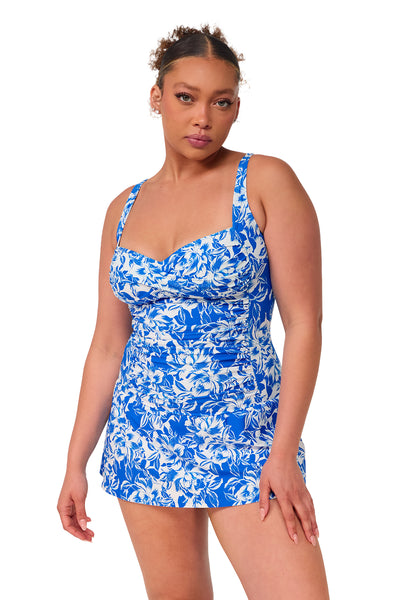 Front pose #1 of Haviland wearing Sunsets Escape Chelsea Petals Sienna Swim Dress
