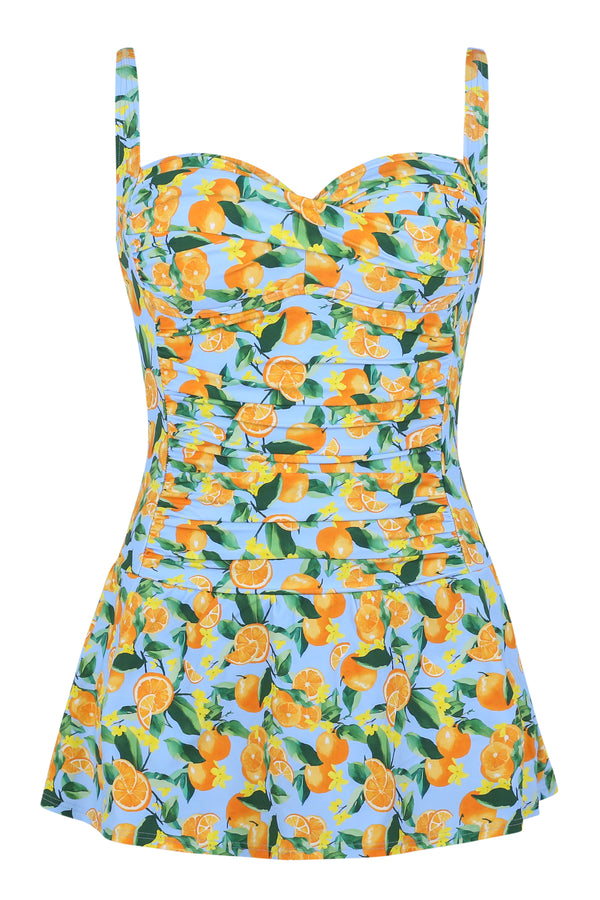Front pose #1 of a floating garment shot featuring Sunsets Escape Clementine Sienna Swim Dress