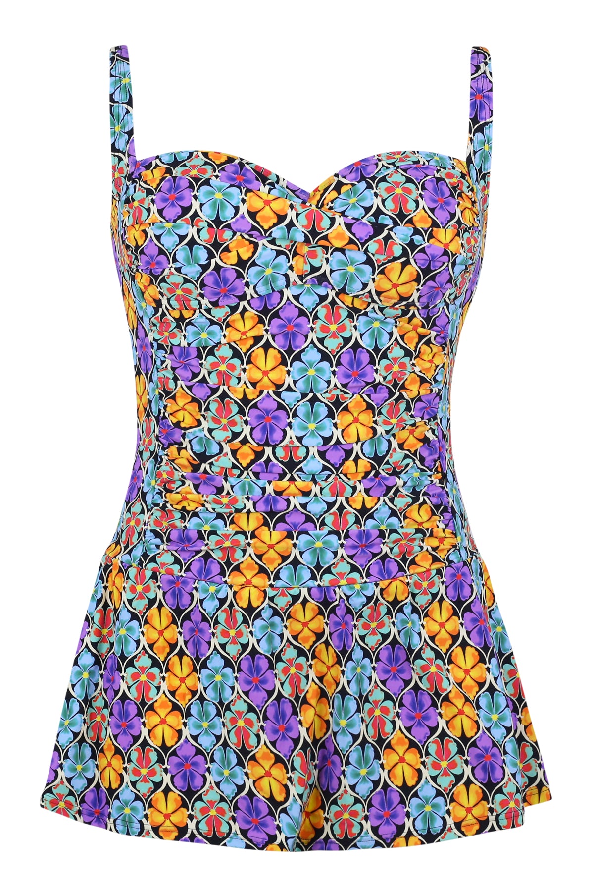 Front pose #1 of a floating garment shot featuring Sunsets Escape Trellis Blooms Sienna Swim Dress