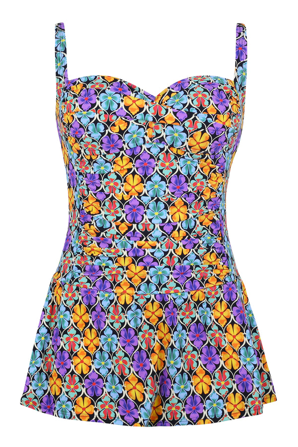 Front pose #1 of a floating garment shot featuring Sunsets Escape Trellis Blooms Sienna Swim Dress