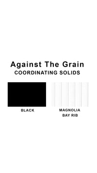 Coordinating solids chart for Against the Grain swimsuit print: Black and Magnolia