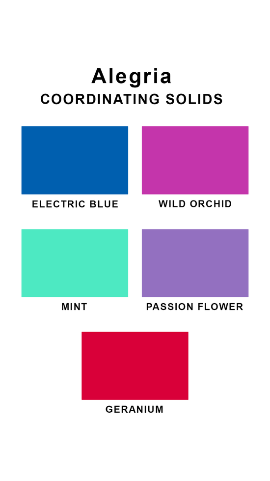 Cargar imagen en el visor de la galería, Coordinating solids chart for Sunsets Alegria swimsuit print: Electric Blue, Wild Orchid, Mint, Passion Flower, and Geranium
