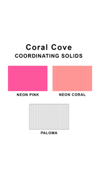 Coordinating solids chart for Sunsets Coral Cove swimsuit print: Neon Pink, Neon Coral, and Paloma