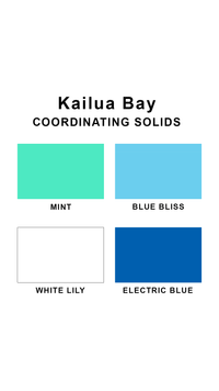 Coordinating solids chart for Sunsets Kailua Bay swimsuit print: Mint, Blue Bliss, White Lilly, and Electric Blue