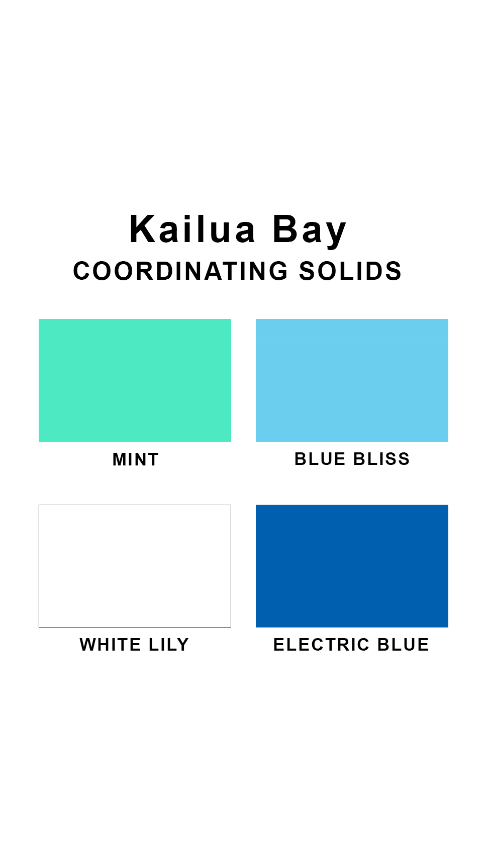 Coordinating solids chart for Sunsets Kailua Bay swimsuit print: Mint, Blue Bliss, White Lily, and Electric Blue